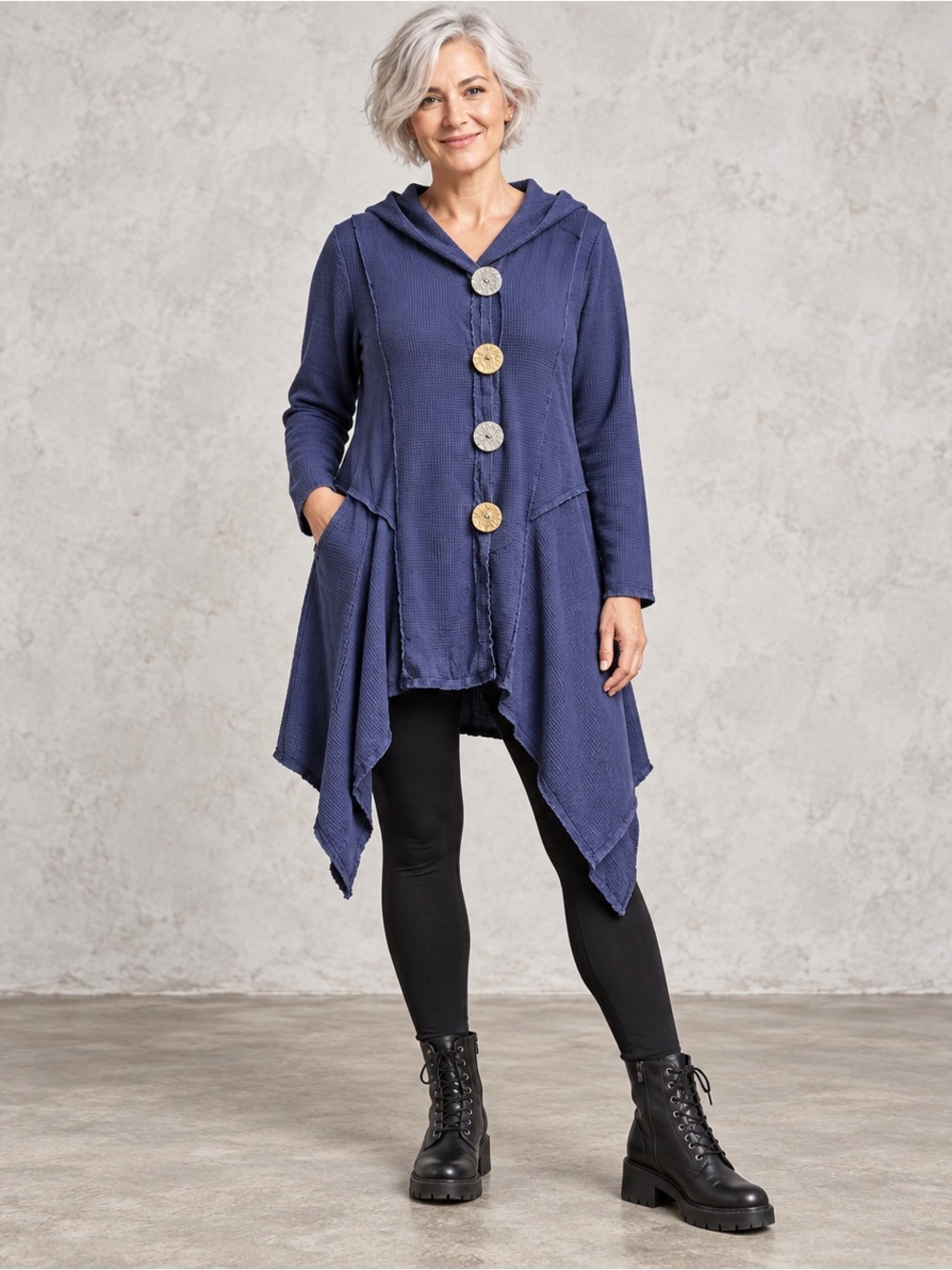 Neon Buddha L Indigo Cotton Hooded Asymmetrical Tunic Jacket